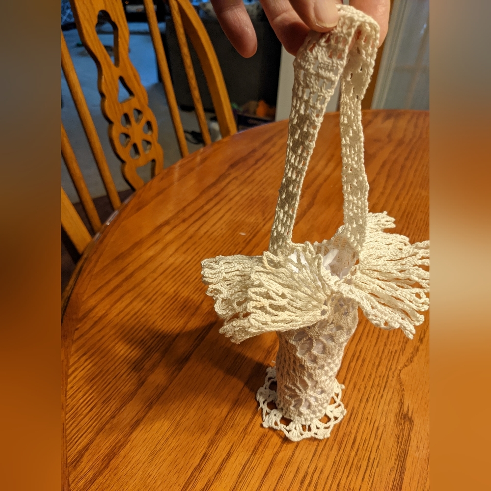 Unique vintage crocheted white bud vase holder